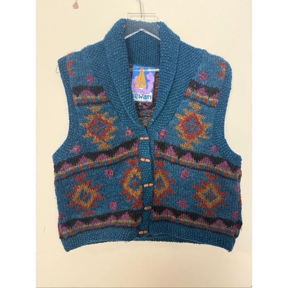 Newari 100% Wool Teal Southwestern Vest Vintage 1993 Handcrafted Chunky Boho Azt